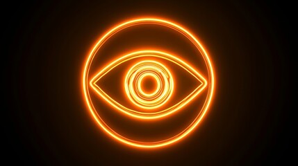 An orange and yellow neon light eye icon stands out against a black background with high tech flooring. It is 3D rendered.