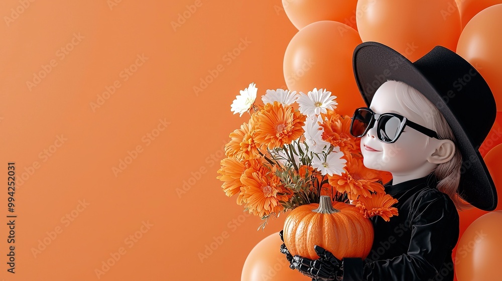 Wall mural   A woman in a black hat and glasses holds an orange and white bouquet against an orange background