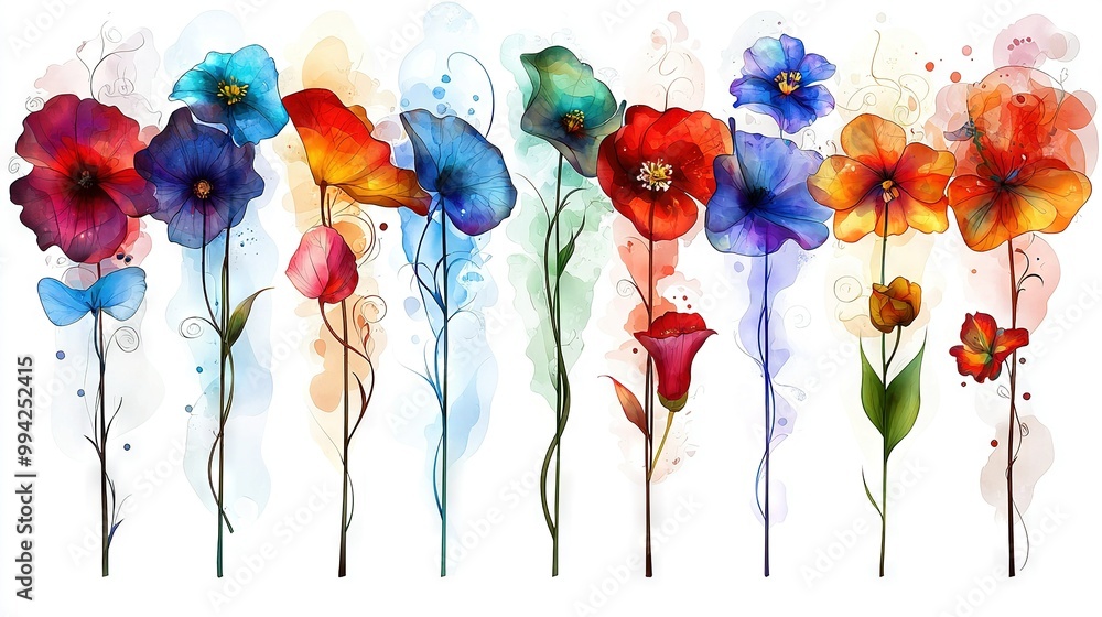 Poster a cluster of vibrant blooms resting beside one another on a pristine canvas with a smattering of pai