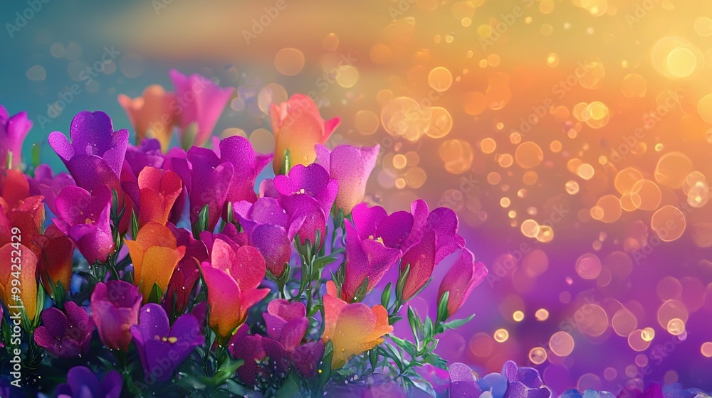 Poster a close-up of several flowers with a shallow depth of field, featuring a soft, diffused background l