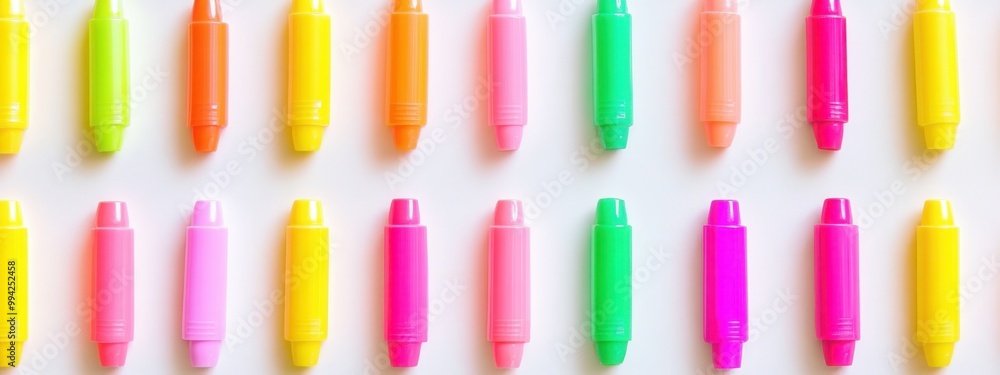 Poster a modern pattern of highlighter markers, neatly arranged in rows.
