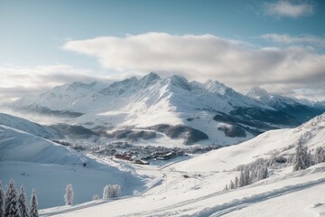 Winter mountains panorama with ski slopes and ski