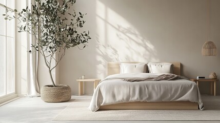 A serene minimalist bedroom featuring a simple bed, neutral tones, and a clutter-free environment