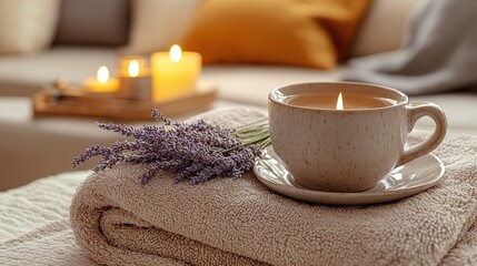 cozy indoor spa vibe showcasing lavender tea, scented candles, and plush towels designed for ultimate relaxation and tranquility at home
