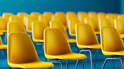 Fototapeta premium Isolated yellow chair with blue background standing out among blue chairs. Business concept for recruitment, hiring or hiring of staff.