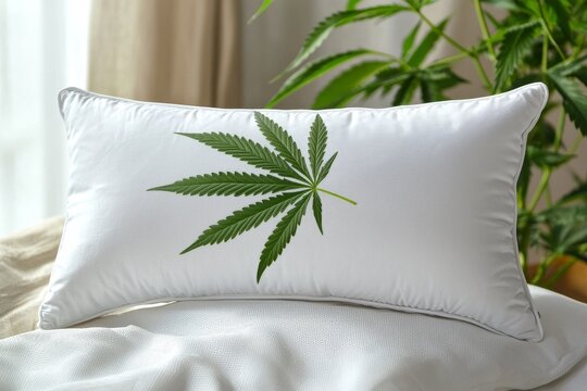 The concept of CBD or CBN is displayed in a banner with a pillow and cannabis leaf.