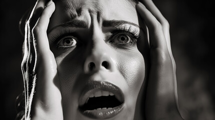 Woman’s terrified face is illuminated in dramatic black and white lighting, emphasizing her wide eyes and open mouth. The image captures a moment of pure fear and panic.