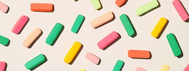 A playful pattern of brightly colored erasers, arranged randomly on a light background.