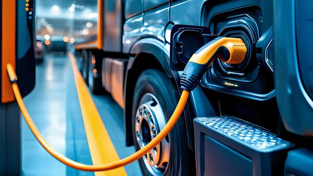 Electric truck charging at station, sustainable transportation, clean energy vehicle, eco-friendly, future mobility concept.