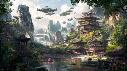Fototapeta premium Green eco-friendly utopic city concept in the future. Stock illustration.