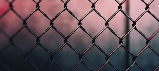 Fototapeta premium Close-up of a chain-link fence with a foggy background