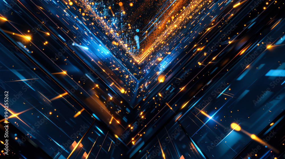 Poster glowing blue and gold streaks of light converge in a dynamic, abstract pattern, creating a vibrant v