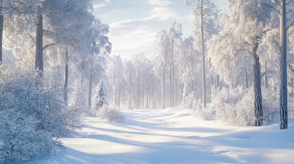 Frosty winter landscape in snowy forest Christmas background