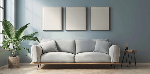 A minimalist Japanese living room with a frame mockup in white and blue tones. The room features a sofa, rattan furniture, and wallpaper.