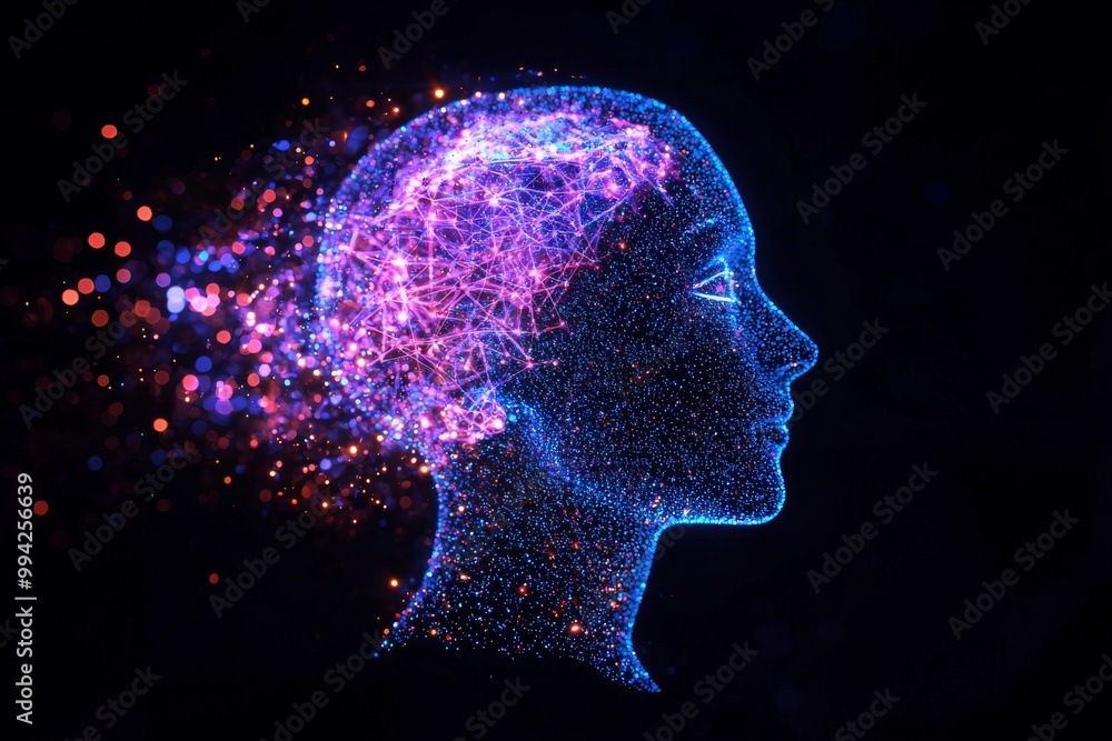 Poster image illustrating a digital brain, circuit board and neural network in the head and face of a blue 