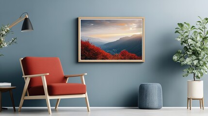 A simple wooden picture frame with a smooth finish, holding a vibrant landscape photograph, complementing a modern interior