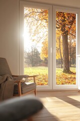 Obraz premium A sleek and modern interior of a luxury apartment with large windows, parquet flooring, and modern furniture