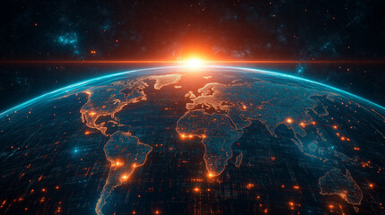 A computer generated image of the Earth with a bright orange sun in the sky