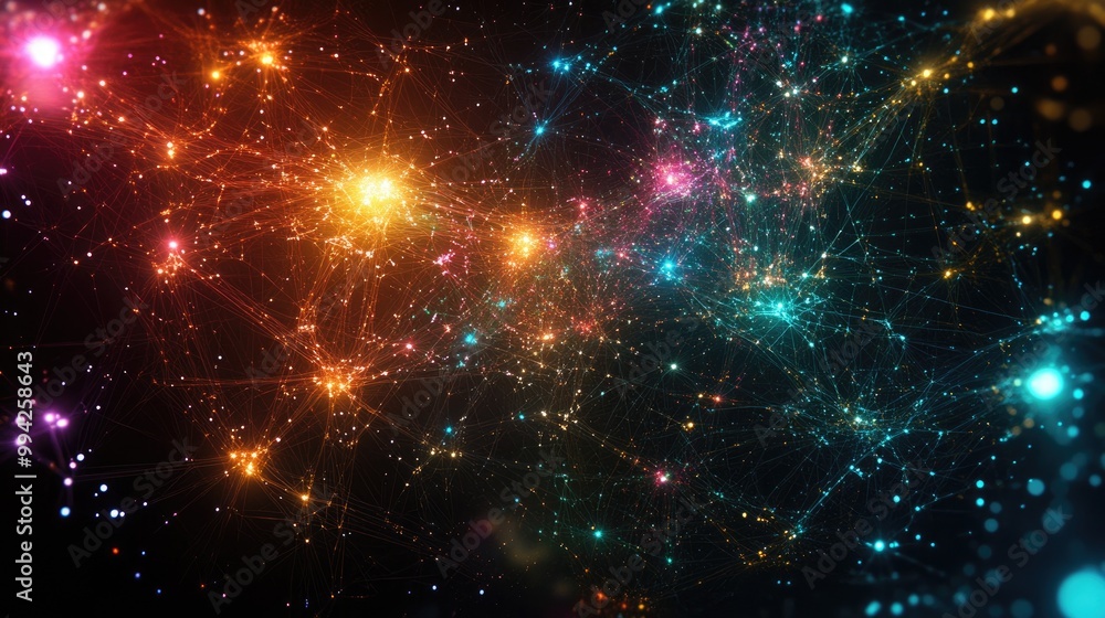 Poster a colorful digital network with glowing nodes and intricate connections, set against a cosmic backgr
