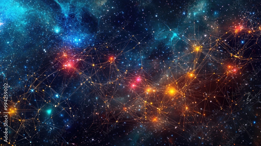 Poster a vibrant display of intricate digital network connections with glowing nodes, set against a cosmic 