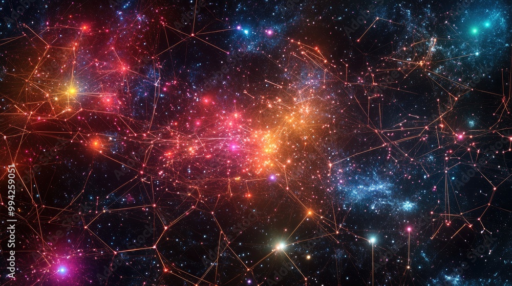 Poster a vibrant display of intricate digital network connections with glowing nodes, set against a cosmic 