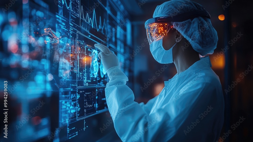 Aufkleber Scientist wearing augmented reality glasses analyzing data from digital interface