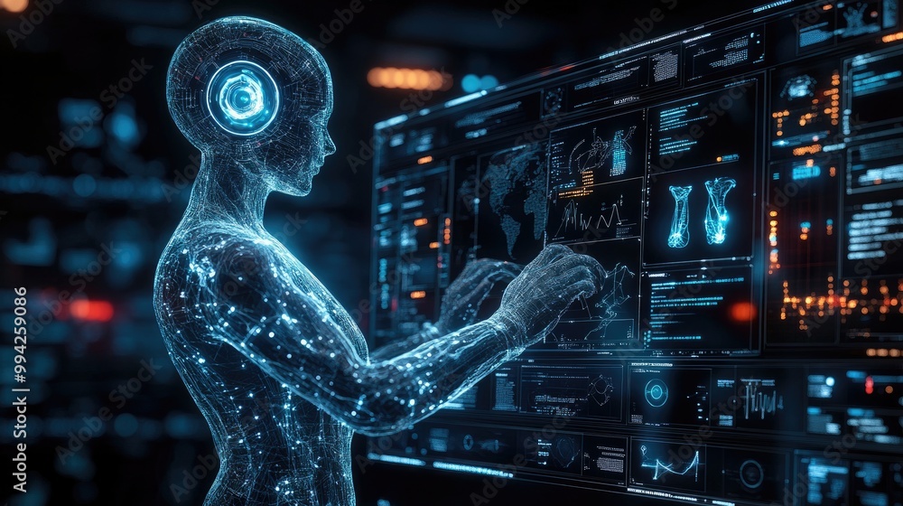 Fototapete Artificial intelligence robot analyzing data on digital interface