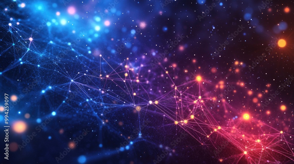 Poster a vibrant display of intricate digital network connections with glowing nodes, set against a cosmic 