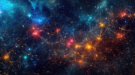 Fototapeta premium A vibrant display of intricate digital network connections with glowing nodes, set against a cosmic starry background