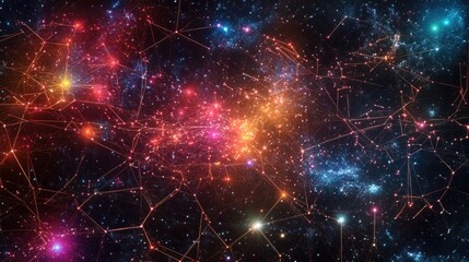 A vibrant display of intricate digital network connections with glowing nodes, set against a cosmic starry background