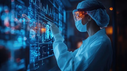 Scientist wearing augmented reality glasses analyzing data from digital interface