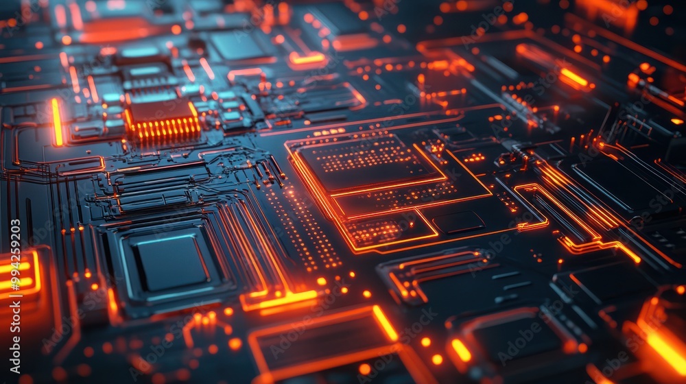 Poster illuminated futuristic digital circuitry with dynamic glow. modern tech backdrop.