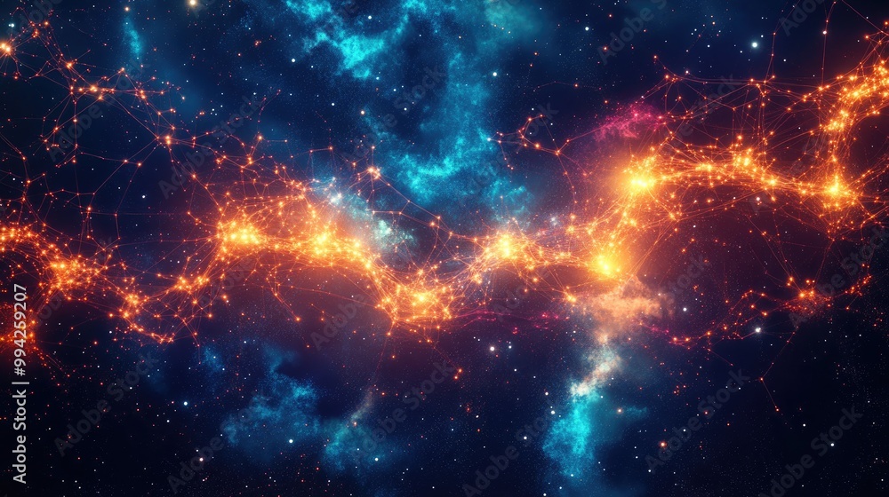 Poster beautiful and colorful digital network with glowing nodes, intricately connected and set against a d