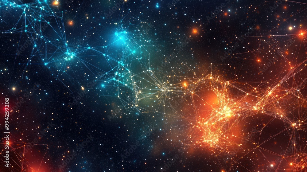 Poster beautiful and colorful digital network of glowing nodes and intricate connections, set against a sta