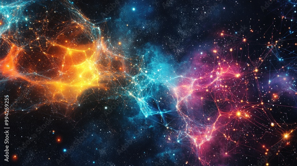 Poster beautiful and colorful digital network with glowing nodes, intricately connected and set against a d
