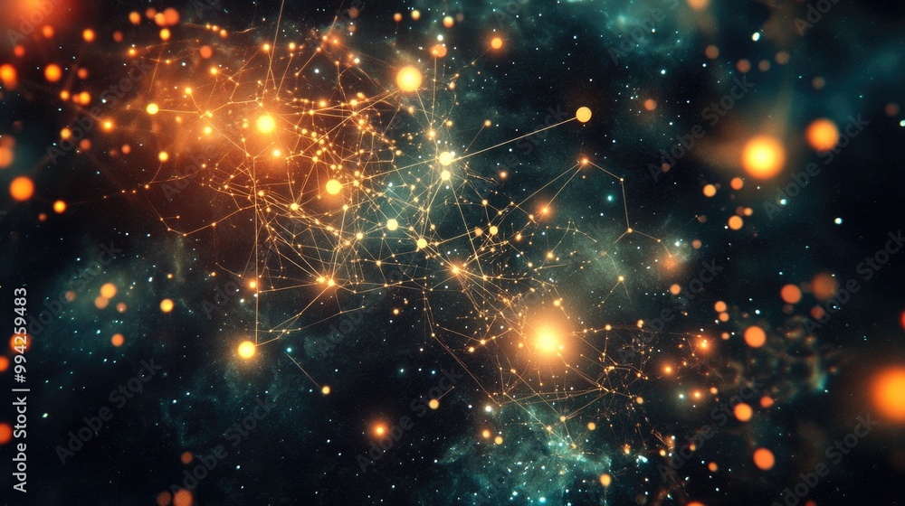 Poster beautiful digital visual of glowing nodes connected in an intricate network, set against a cosmic ba