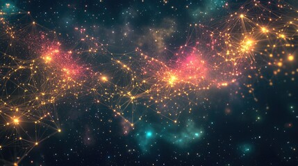 Beautiful colorful digital network of glowing nodes, intricately connected over a deep cosmic background with stars twinkling