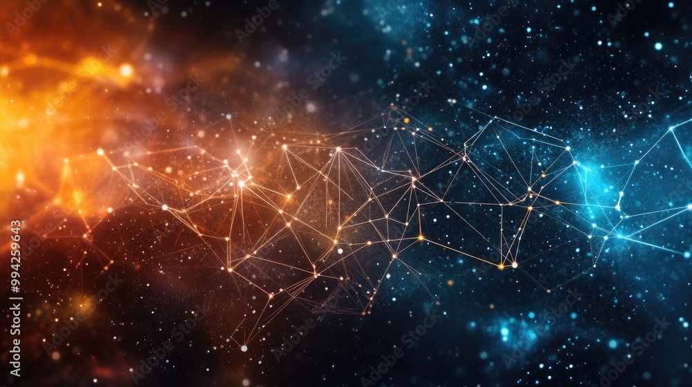 Poster colorful digital network with glowing nodes and intricate connections, displayed on a deep cosmic ba