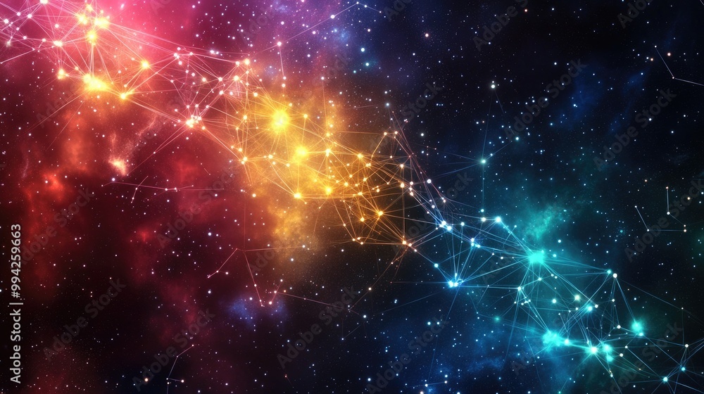 Poster colorful digital network with glowing nodes and intricate connections, displayed on a deep cosmic ba