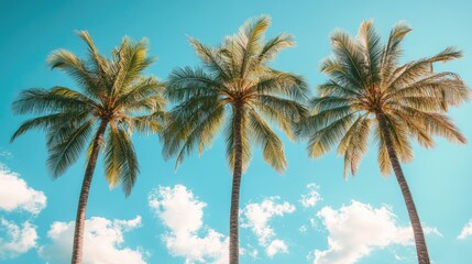 Palm trees soaring into blue sky with fluffy white clouds