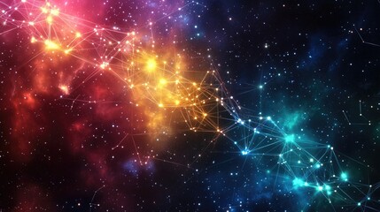 Fototapeta premium Colorful digital network with glowing nodes and intricate connections, displayed on a deep cosmic background filled with stars
