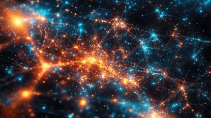 Fototapeta premium Colorful digital network with intricate glowing nodes, displayed over a cosmic background filled with stars for a futuristic feel