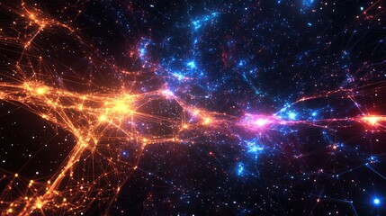 Fototapeta premium Stunning digital network with intricate glowing nodes, set on a cosmic background filled with stars, creating a vibrant visual