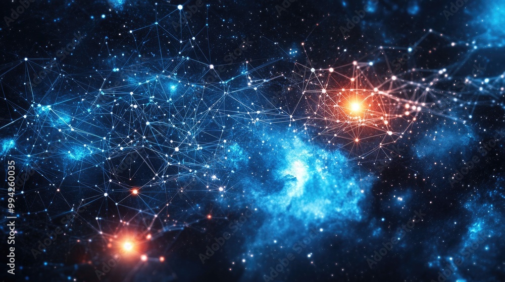 Poster stunning digital network with intricate glowing nodes, set on a cosmic background filled with stars,