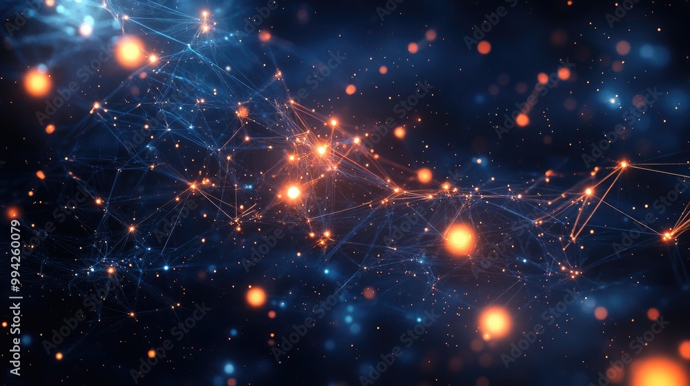 Poster stunning digital visual with glowing network nodes and intricate connections, set on a cosmic backgr
