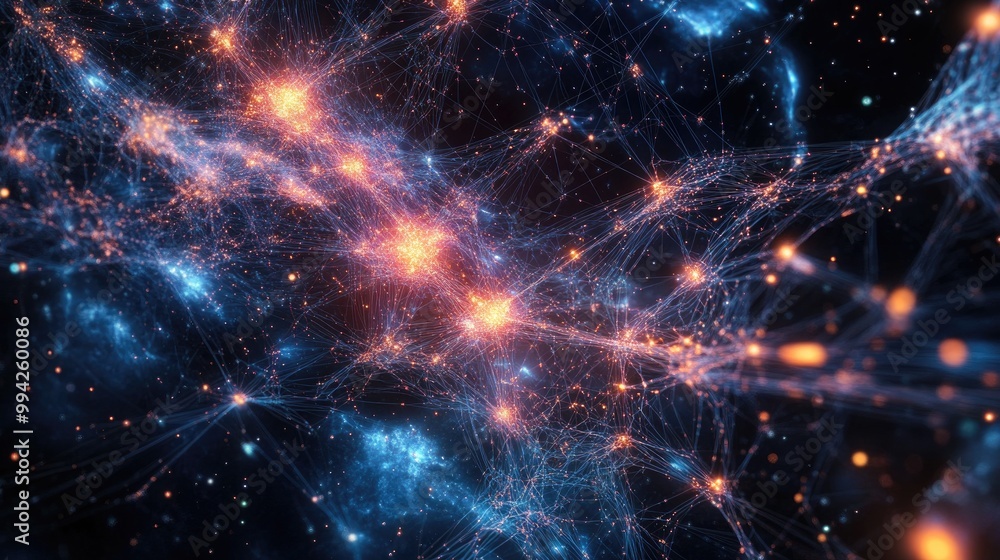 Poster stunning digital visual with glowing network nodes and intricate connections, set on a cosmic backgr