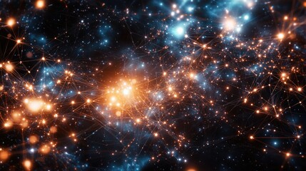 Obraz premium Stunning digital visual showcasing intricate network connections and glowing nodes, with a cosmic background filled with stars