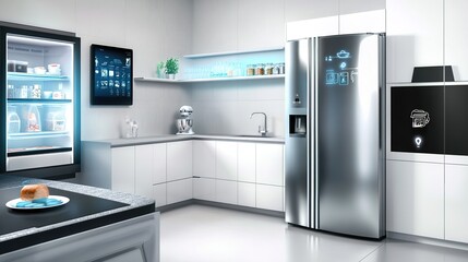 A sleek kitchen featuring a smart fridge, connected oven, and voice-activated assistant