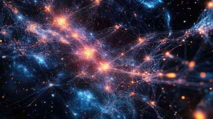 Obraz premium Stunning digital visual with glowing network nodes and intricate connections, set on a cosmic background filled with shimmering stars