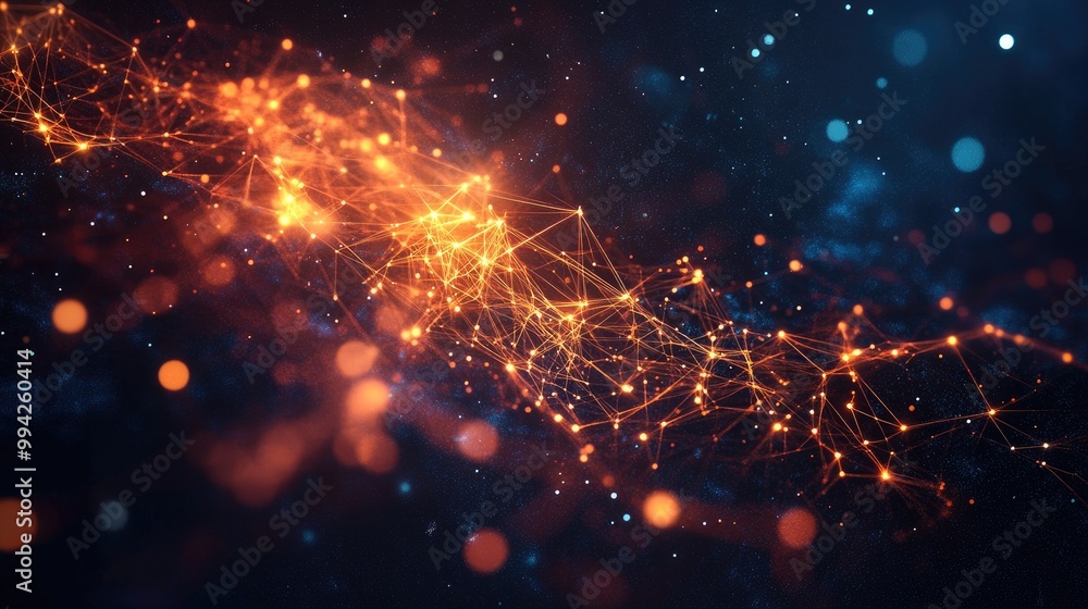 Poster vibrant digital visual showcasing glowing nodes and intricate network connections, set against a dee